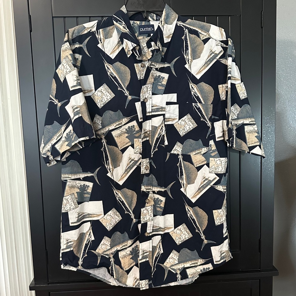 Puritan Hawaiian Shirt Fish Medium Print Cotton Button Up Tropical Nautical